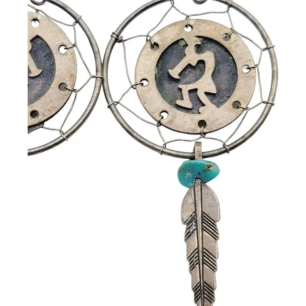 Vtg Navajo Kokopelli Sterling Silver Dream Catcher Earrings‎ with Turquoise